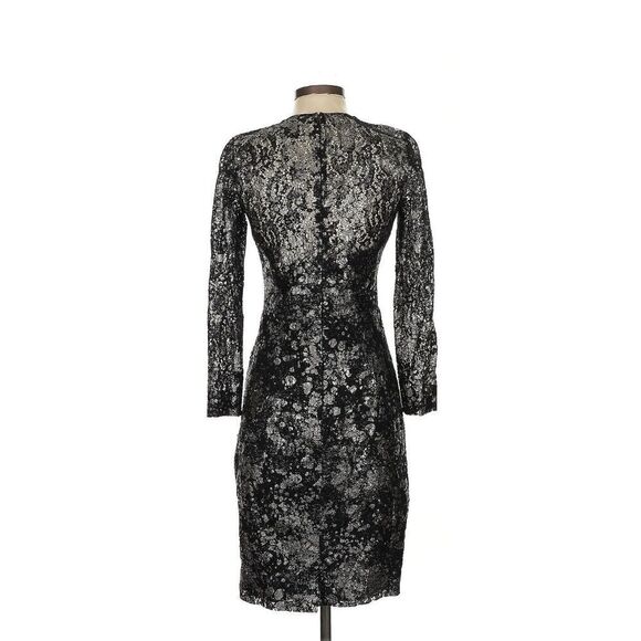LELA ROSE Black Silver Dusted Long Sleeve Lace Dress Size 4 Silk Lined - Picture 2 of 4